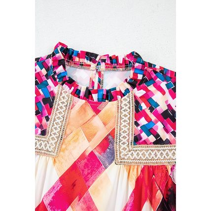 Rose Red Abstract Geometric Pattern Patchwork Puff Sleeve Blouse
