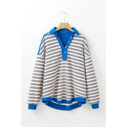 Blue Stripe Buttoned V Neck Collared Drop Shoulder Top