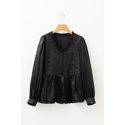Black Metallic Frilled V Neck Puff Sleeve Babydoll Blouse