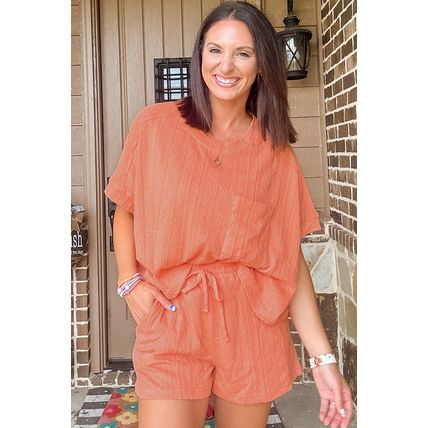 Pale Chestnut Textured Patched Pocket Short Sleeve Top Drawstring Shorts Set