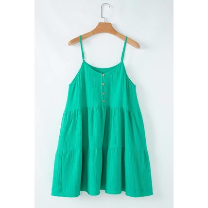 Sea Green Textured Buttoned Thin Strap Tiered Loose Fit Mini Dress