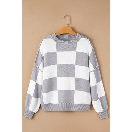 Gray Checkered Bishop Sleeve Sweater