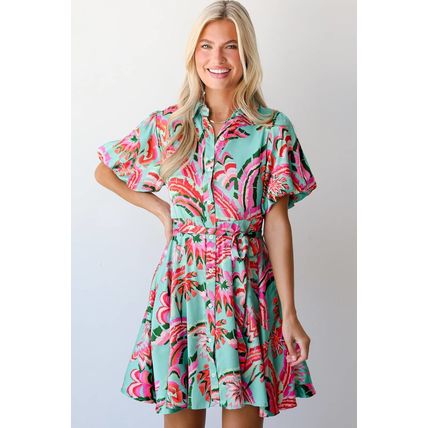 Green Abstract Print Lace-up High Waist Buttoned Mini Dress