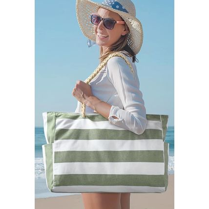 Smoke Green Striped Waterproof Canvas Large Capacity Tote Bag