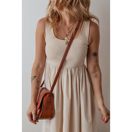 Beige Scoop Neck Ribbed Bodice Pleated Sleeveless Long Dress
