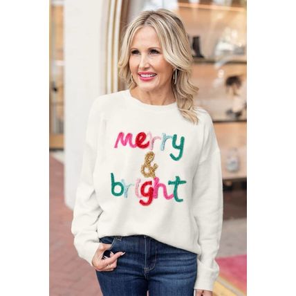 White Merry & Bright Round Neck Casual Sweater