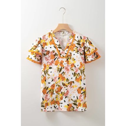 Russet Orange Ruffled V Neck Scalloped Short Sleeve Floral Blouse