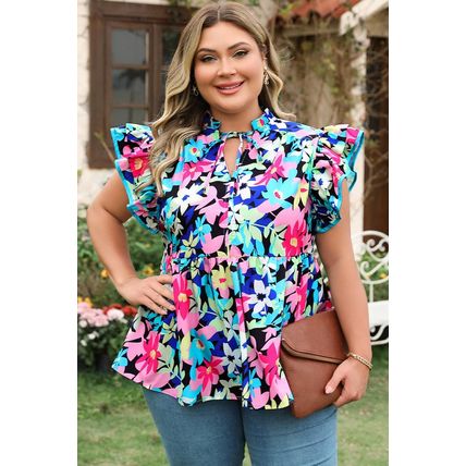 Blue Floral Flutter Sleeve Tied Notched Neck Plus Size Blouse
