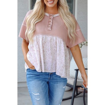Pink Waffle Floral Patchwork Exposed Seam Detail Short Sleeve Top