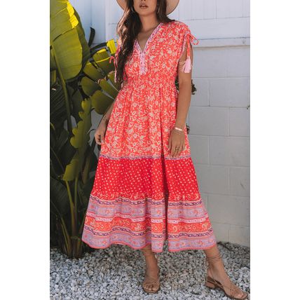 Red Floral Print Tasseled Tied Sleeve Empire Waist Maxi Dress