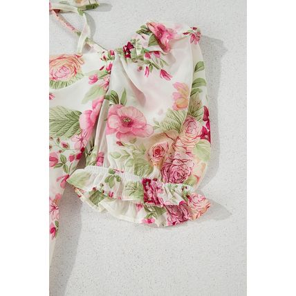 White Vibrant Floral Bubble Sleeve Sweetheart Neck Ruffle Mini Dress