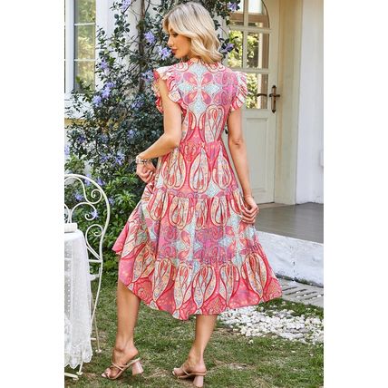Rose Tribal Paisley Print Ruffled Sleeve Notch Neck Midi Dress
