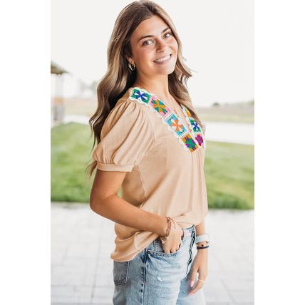 Pale Chestnut Crochet Floral V Neck Textured Short Sleeve Blouse