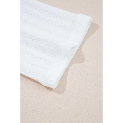 White Textured Hollow Grommet Placket Split Neck Short Sleeve Top