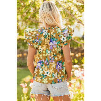 Yellow Floral Print Tiered Flutter Sleeve V Neck Top