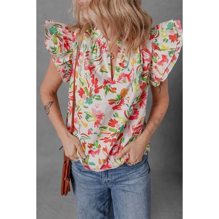 Multicolour Allover Floral Printed Flutter Sleeve Split Neck Blouse