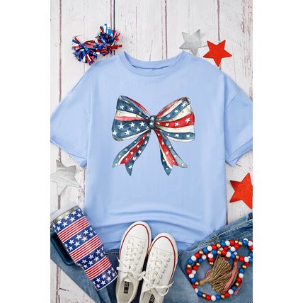 Myosotis July 4th Stars and Striped Bow Print Oversize Tee