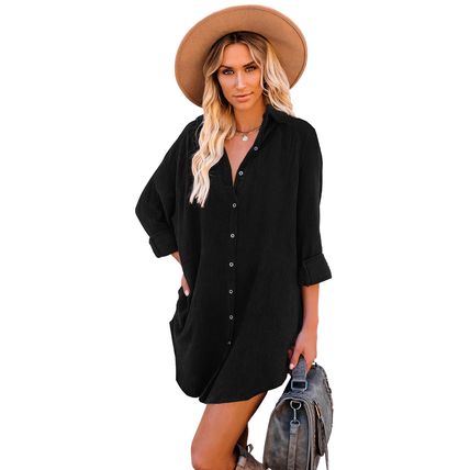 Black Corduroy Shirt Style Full Button Long Sleeve Shift Mini Dress