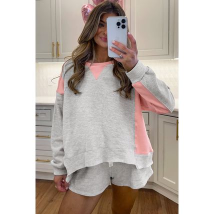 Light Grey Color Block Raw Hem Pullover and Casual Shorts Set