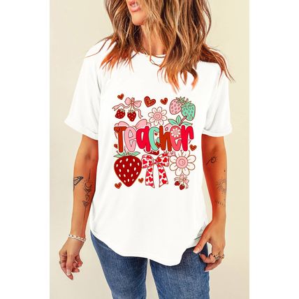 White Cute Strawberry Floral Teacher Graphic Custom Tee