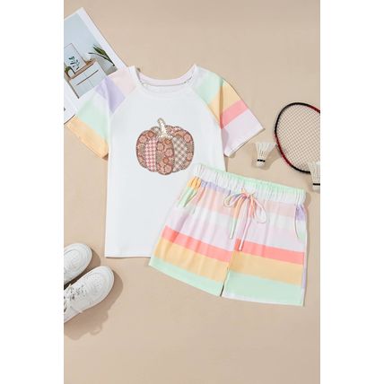 White Pumpkin Graphic Rainbow Rush Shift Tee and Short Loungewear