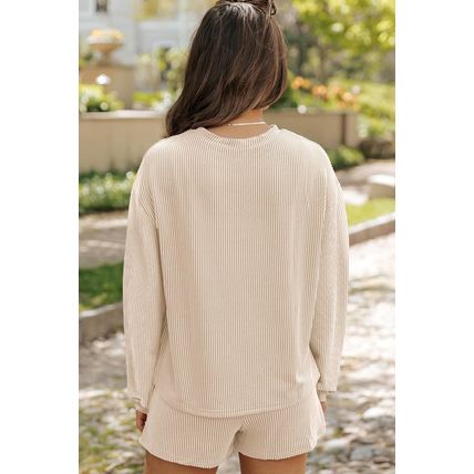 Parchment Twisted Rib Sequin Pumpkin Patched Long Sleeve Pullover and Shorts Set