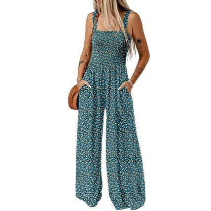 Green Floral Print Smocked High Waist Square Neck Jumpsuit