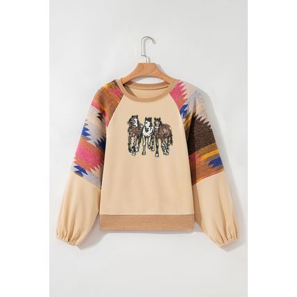 Light French Beige Sequined Western Horses Graphic Aztec Bubble Sleeve Western F