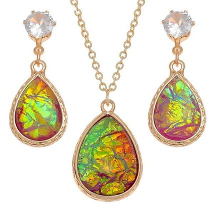 Fuchshia Opalescent Drop & Necklace with Drop Earrings Set Gold Coloured Gift