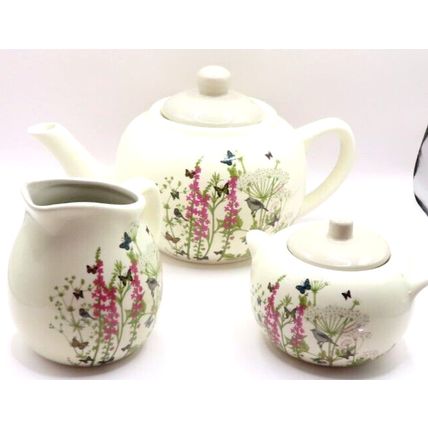 Birds & Butterflies Teapot with Jug and Sugar Bowl Ceramic Set Home Kitchen