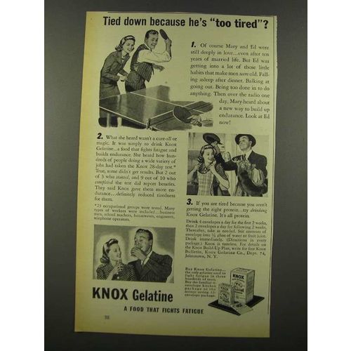1940 Knox Gelatine Ad - Tied Down Because He's Tired