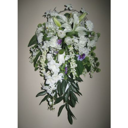 Handmade OOAK Silk Hanging Flower Arrangement, White Flowers, Violets & Greenery
