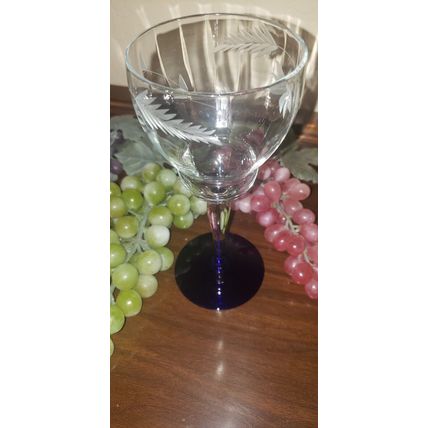 VTG WESTON BEVELED ETCHED MIXED SET WINE WATER GLASS W/ BLUE COBALT FOOT GOBLET