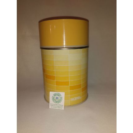 VINTAGE 1970s KING-SEELEY YELLOW GEOMETRIC PATTERN SOUP THERMOS w LID & STOPPER