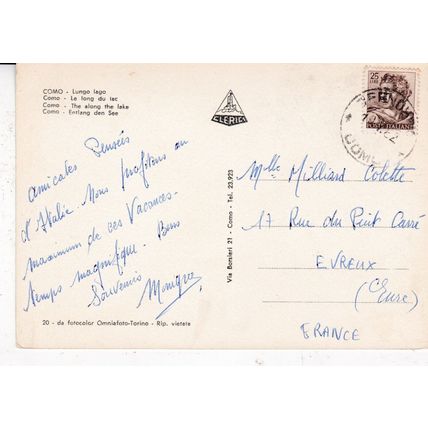 Como Lungo Lago Italy Postcard posted 1962 crease
