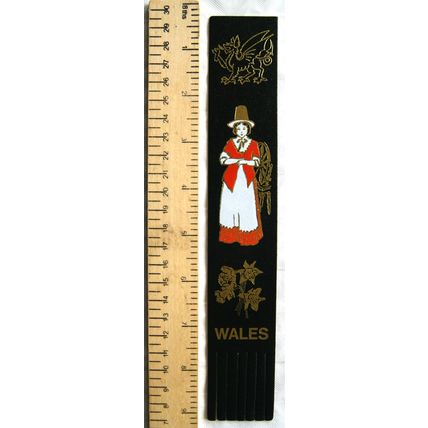 Vintage: black leather bookmark - Wales - lady traditional dress, dragon, daffs