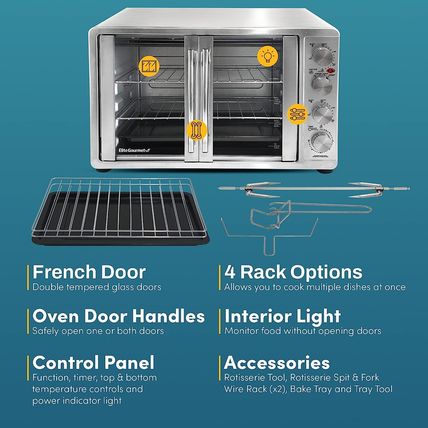 Elite Gourmet ETO-4510M French Door 47.5Qt, 18-Slice Convection Oven 4-Control K