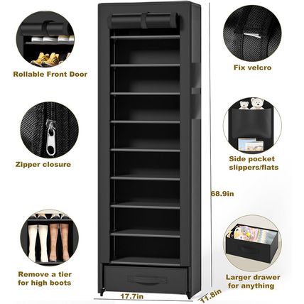 Shoes Rack 10 Tier Tall Shoe Rack Narrow Shoe Rack with Storage Box,Fabric Cover