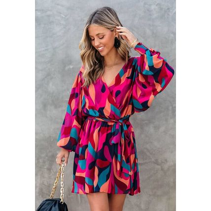 Red Abstract Printed Belted Puff Sleeve Mini Dress
