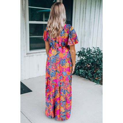 Rose Wrap V Neck Floral Maxi Dress