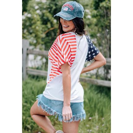 White Chenille USA Stars and Stripes Printed V Neck T Shirt