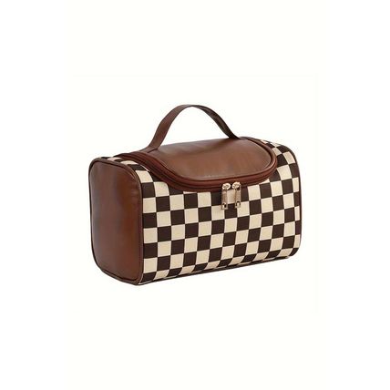Black Checkered PU Leather Zipper Makeup Bag
