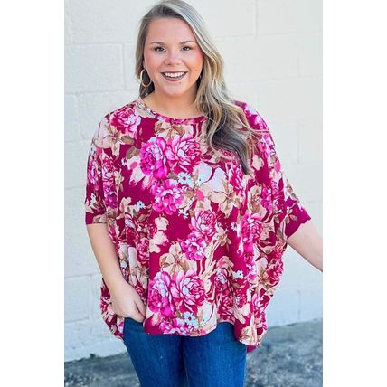Red Floral Print Short Sleeve Plus Size Blouse
