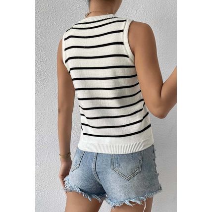 White Striped Round Neck Sweater Vest