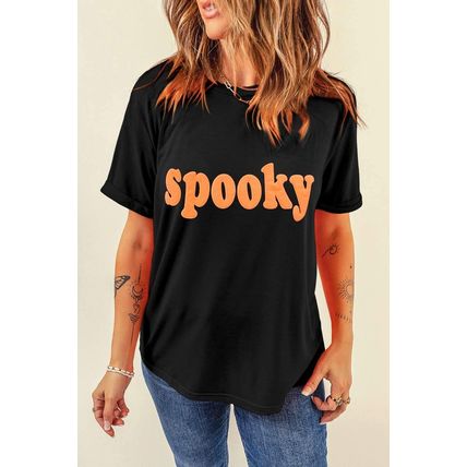 Black Halloween Spooky Crew Neck Casual Graphic Tee