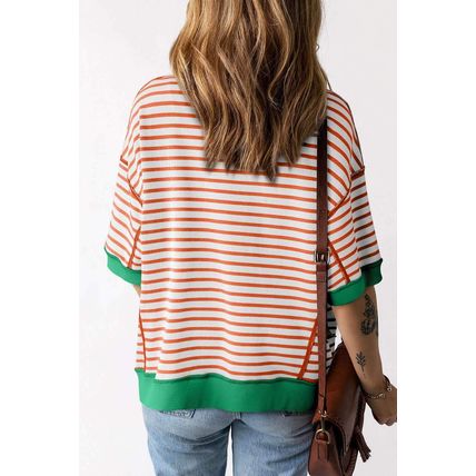 Orange Stripe Oversized Contrast Trim Exposed Seam High Low T Shirt