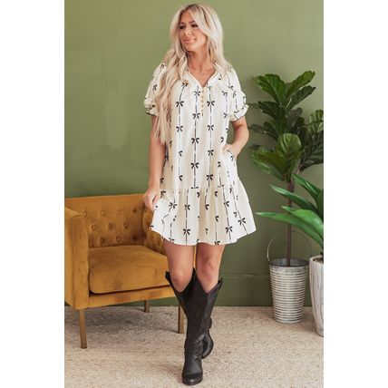 Beige Cute Bowknot Printed Bubble Sleeve V Neck Mini Dress
