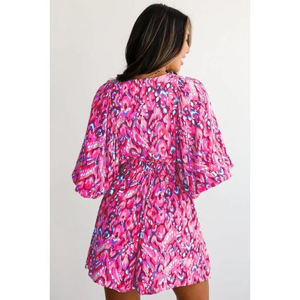 Pink Abstract Print Puff Sleeve V Neck High Waist Romper