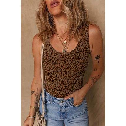 Brown Leopard Printed Sleeveless Scoop Neck Bodysuit