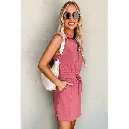 Mineral Red French Terry Zipped Collar Sleeveless Drawstring Waist Mini Dress
